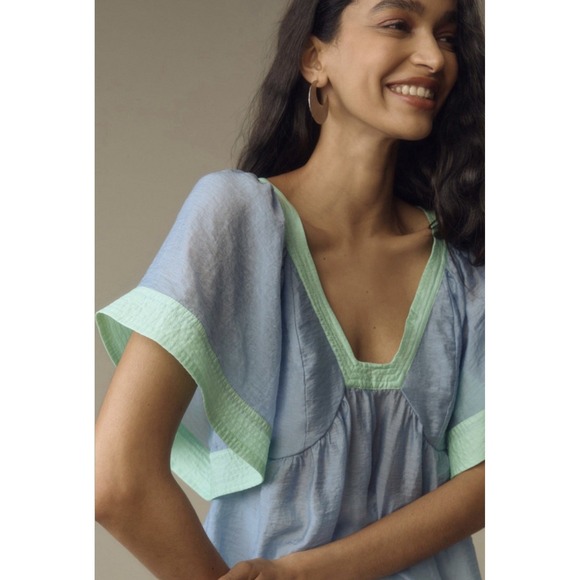 Anthropologie Women's Light Blue & Green Colorblock Babydoll Top Size M - Picture 2 of 9